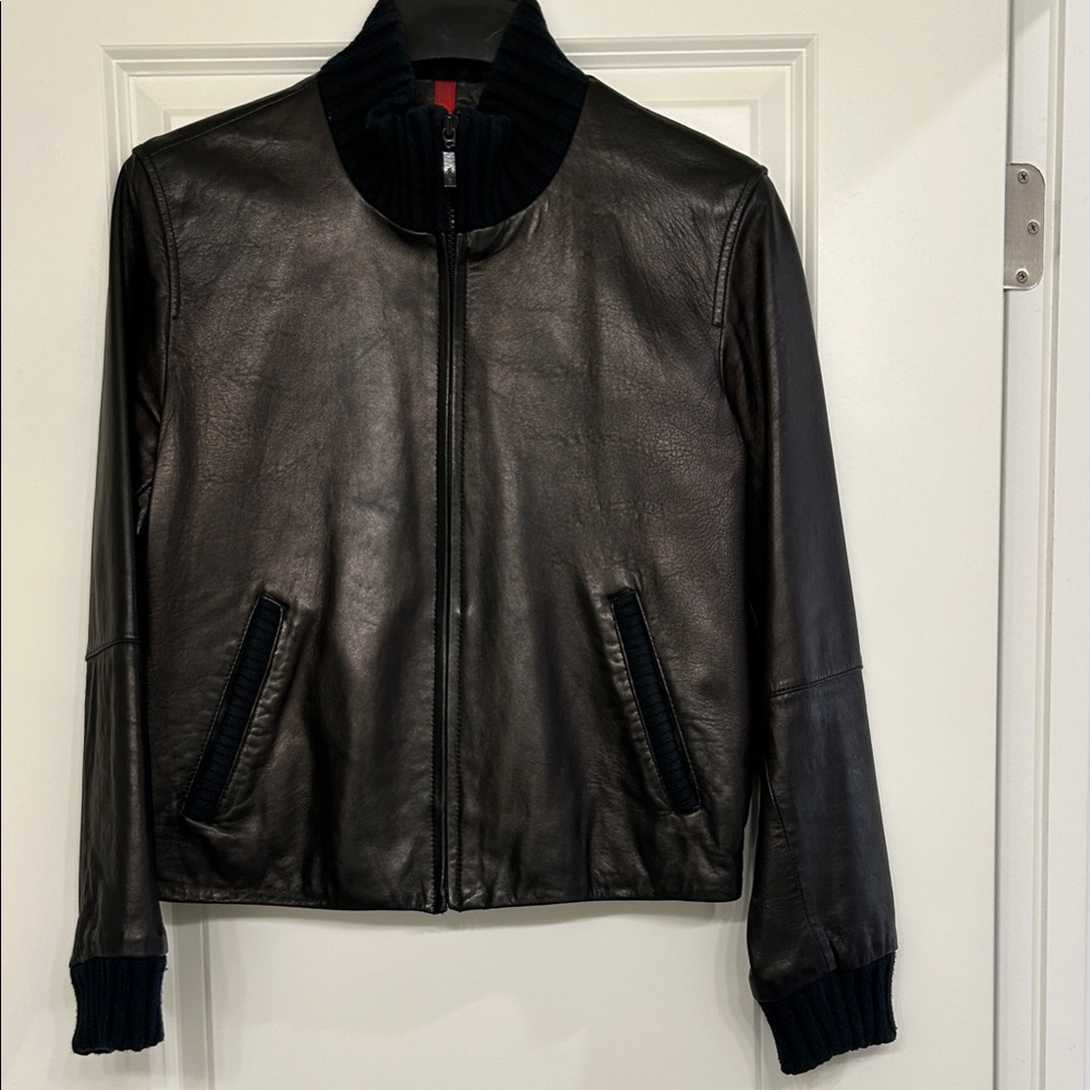 Guess Black Leather Jacket with Red Accent